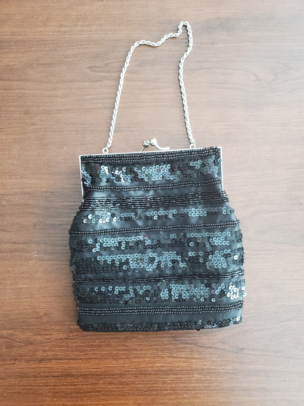 La Regale Black Sequin Clutch with Silver Chain